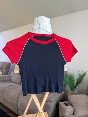 Blue & Red Raglan Crop Tee